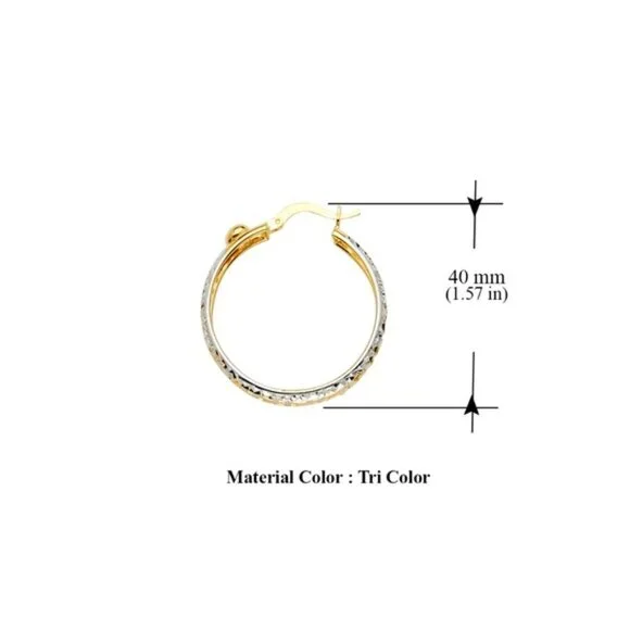 New 14K Tri Color Gold Twisted Hoop Earrings 1 1/4 inches diameter